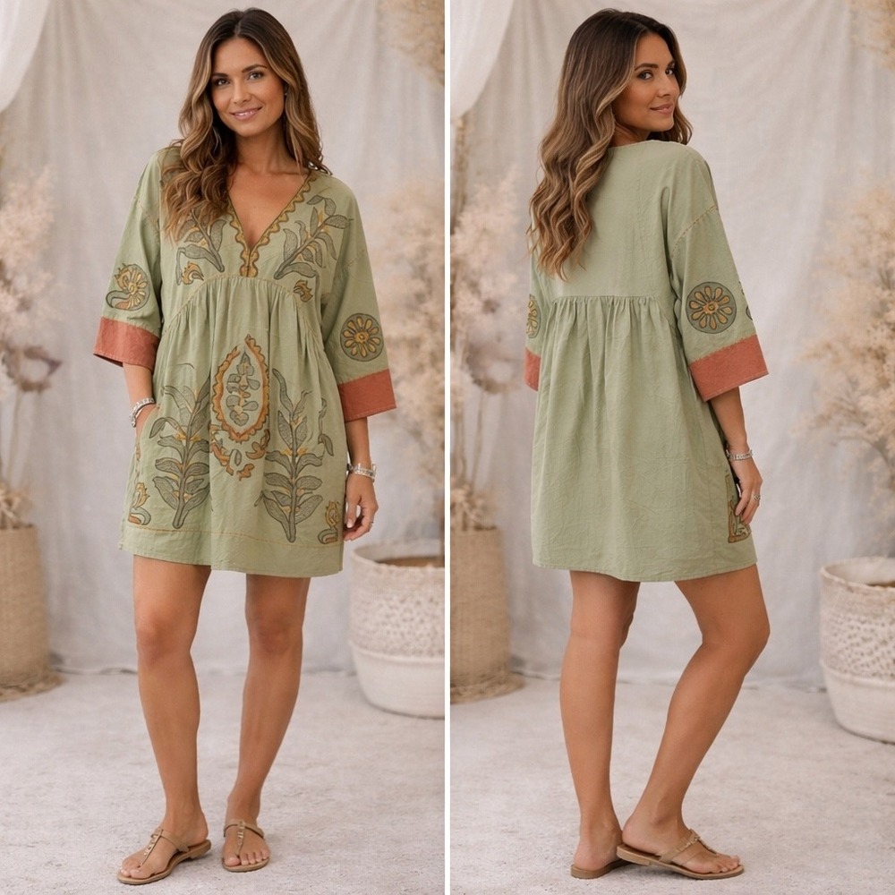 Sunday Up Sage Floral Embroidered Boho Cottage Fairy Mini Babydoll Dress Medium